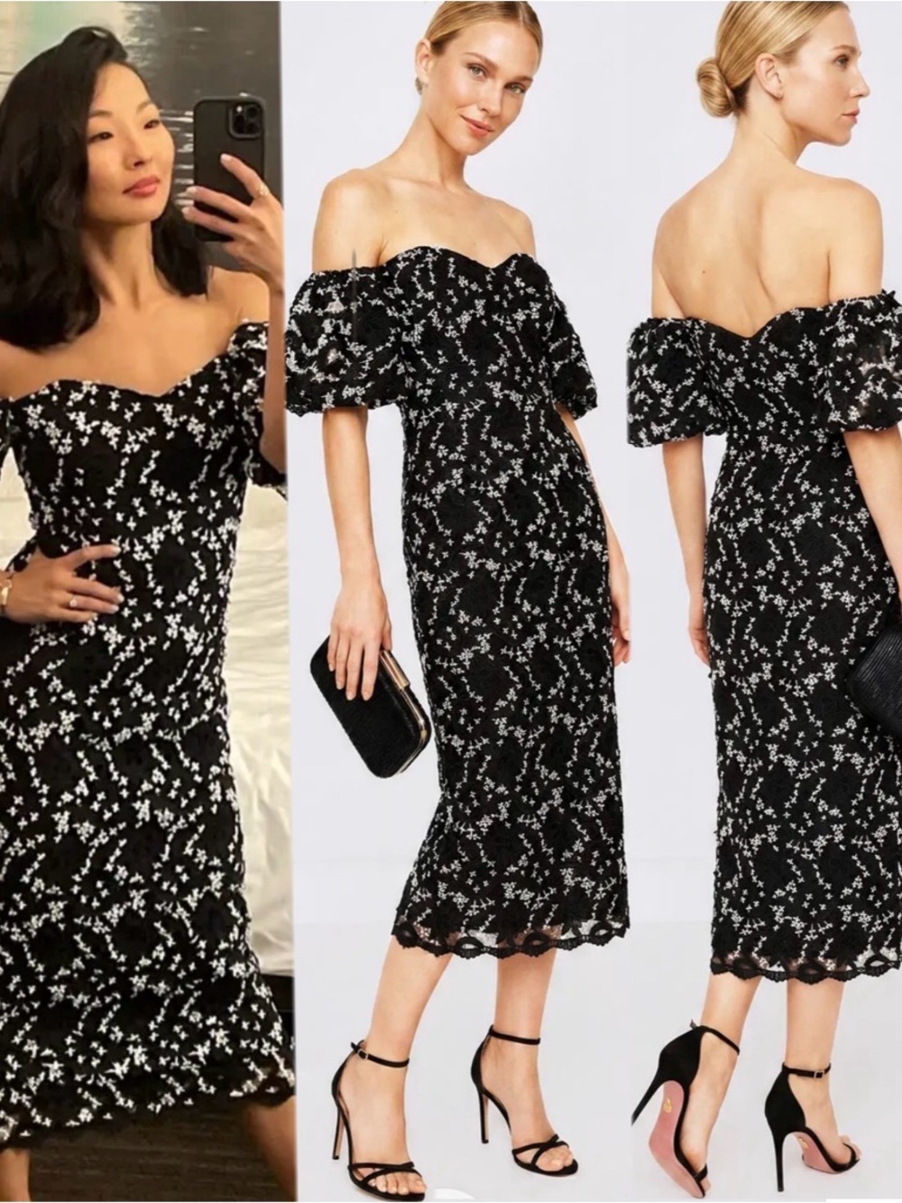 Shoshanna Sentido Off-Shoulder Black Lace Midi Dress with Puff Sleeves Sz 12